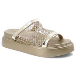 Klapki damskie S. Barski, na wysokiej platformie z siateczką eleganckie, złote, MY51-016. Żółte klapki damskie S.BARSKI, bez wzorów, bez obcasa, na platformie, bez zapięcia. Za 119.00 zł.