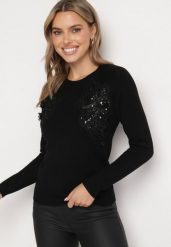 Czarny Sweter z Koronkowymi Wstawkami z Bawełną Deriera. Czarne swetry klasyczne damskie Born2be, m, z bawełny, bez kołnierzyka. Za 74.99 zł.