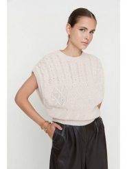 Trendyol Bezrękawnik w kolorze kremowym rozmiar: L. Brązowe swetry klasyczne damskie Trendyol, l, ze splotem, bez kołnierzyka. Za 36.94 zł.