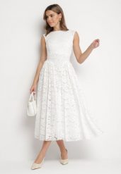 Biała Koronkowa Sukienka o Rozkloszowanym Kroju z Odkrytymi Plecami Nelamia. Białe sukienki damskie Born2be, bez wzorów, z jeansu, eleganckie, bez ramiączek. Za 209.99 zł.