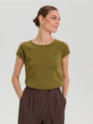 Koszulka z krótkim rękawem - khaki. Brązowe koszulki damskie Sinsay, l, bez wzorów, bez kołnierzyka, bez ramiączek. Za 15.99 zł.