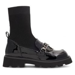 Botki Eva Minge. Czarne botki damskie Eva Minge, bez obcasa, na płaskiej podeszwie, bez zapięcia. Za 274.99 zł.