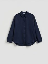 Koszula z falbaną - granatowy. Niebieskie koszule damskie Reserved, l, bez wzorów, z bawełny, bez kołnierzyka, bez ramiączek. Za 139.99 zł.