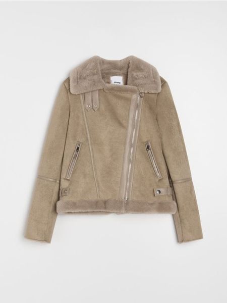 Kurtka ramoneska z ocieplanym kożuszkiem - brązowy. Brązowe kurtki damskie Sinsay, l, bez wzorów, bez kaptura. Za 139.99 zł.