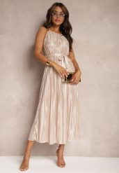 Beżowa Sukienka Plisowana z Paskiem w Talii na Cienkich Ramiączkach Wasea. Brązowe sukienki damskie Renee, bez wzorów, z jeansu, eleganckie, bez ramiączek. W wyprzedaży za 63.99 zł.