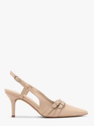 Czółenka slingback z dekoracyjnymi paskami OFELIA. Brązowe czółenka damskie Ryłko, bez wzorów, z gumy, bez obcasa, na szpilce. Za 429.99 zł.