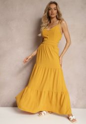 Źółta Sukienka na Ramiączkach z Regulacją z Gumką w Talii i Falbanką Faviara. Żółte sukienki damskie Renee, bez wzorów, z jeansu, eleganckie, bez ramiączek. Za 79.99 zł.