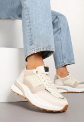 Beżowe Sneakersy na Platformie ze Wstawkami z Plecionki Ninatia. Brązowe obuwie sportowe damskie Renee, z jeansu, bez zapięcia. Za 99.99 zł.