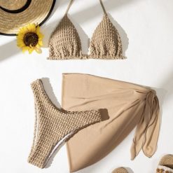 Strój kąpielowy z pareo z miękkiej tkaniny na lato Austina. Brązowe stroje jednoczęściowe Intica, bez wzorów, z tkaniny. Za 149.00 zł.