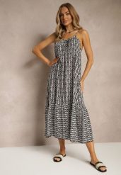 Czarna Sukienka z Bawełny Ozdobiona Geometrycznym Motywem Nilavionea. Czarne sukienki damskie Renee, z aplikacjami, z bawełny, eleganckie, bez ramiączek. W wyprzedaży za 43.99 zł.