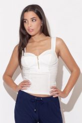 Dopasowana Bluzka na Szelkach - Ecru. Czarne bluzki damskie Katrus, xl, bez wzorów, z elastanu, bez kołnierzyka, bez ramiączek. Za 149.00 zł.