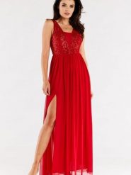 Sukienka Model A486 Red - awama. Czerwone sukienki damskie Awama, z aplikacjami, z elastanu, eleganckie, bez ramiączek. Za 610.80 zł.