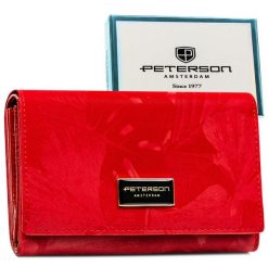 Czerwony, duży portfel damski ze skóry naturalnej i ekologicznej Peterson PTN PS112-MLF. Czerwone portfele damskie Peterson, z aplikacjami, ze skóry. Za 139.99 zł.