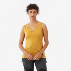 Koszulka na ramiączka trekkingowa damska Merino Fresh. Brązowe bluzki damskie FORCLAZ, l, bez wzorów, z materiału, bez kołnierzyka, bez ramiączek. Za 129.99 zł.