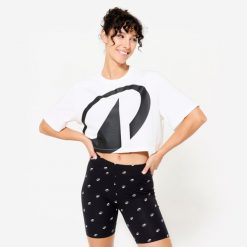 Koszulka z krótkim rękawem damska Domyos Gym & Pilates crop top. Białe bluzki damskie DOMYOS, xs, bez wzorów, z bawełny, sportowe, bez kołnierzyka, bez ramiączek. Za 49.99 zł.