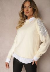 Jasnobeżowy Sweter Ozdobiony Cekinami Perłami i Cyrkoniami Nevaselle. Brązowe swetry klasyczne damskie Renee, na zimę, bez kołnierzyka. Za 119.99 zł.