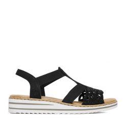 Sandały Rieker. Czarne sandały damskie Rieker, bez wzorów, bez obcasa, na koturnie, bez zapięcia. Za 319.99 zł.