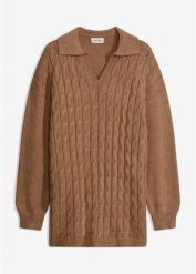 Sweter oversize z warkoczowym splotem. Brązowe swetry klasyczne damskie bonprix, prążkowane, bez kołnierzyka. Za 134.99 zł.