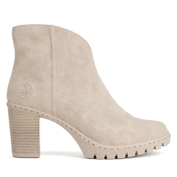 Botki Rieker. Brązowe botki damskie Rieker, bez obcasa, na słupku, bez zapięcia. Za 239.99 zł.