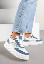 Niebiesko-Białe Sneakersy na Platformie z Tłoczeniami Zdobione Panterkowym Printem Herraza. Niebieskie obuwie sportowe damskie Renee, z jeansu, bez zapięcia. Za 99.99 zł.