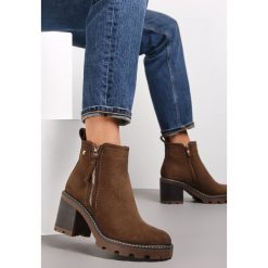 Brązowe Botki na Słupku Boho z Suwakiem Kodra. Brązowe botki damskie Renee, boho, za kostkę, bez obcasa, na obcasie, bez zapięcia. Za 139.99 zł.