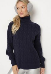 Granatowy Sweter z Golfem w Warkoczowy Splot ze Ściągaczami Maraiwai. Niebieskie golfy damskie Born2be, na jesień, ze splotem, bez kołnierzyka. Za 109.99 zł.