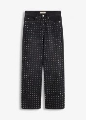 Jeansy z szerokimi nogawkami, mid waist, z aplikacją z kryształków. Czarne jeansy damskie bonprix. Za 199.99 zł.