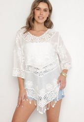 Biała Bawełniana Bluzka Oversize w Stylu Boho z Haftem i Koroną Maivienne. Białe bluzki damskie Born2be, bez wzorów, z bawełny, boho, bez kołnierzyka, bez ramiączek. Za 69.99 zł.