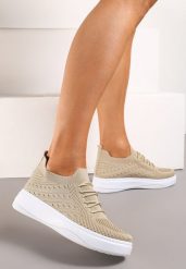 Beżowe Tenisówki z Elastyczną Cholewką Oplineria. Brązowe obuwie sportowe damskie Born2be, bez zapięcia, tenisowe. Za 64.99 zł.