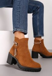 Brązowe Botki na Obcasie z Ozdobnym Cyrkoniowym Sznureczkiem Leresta. Brązowe botki damskie Renee, z jeansu, eleganckie, bez obcasa, na obcasie, bez zapięcia. Za 129.99 zł.