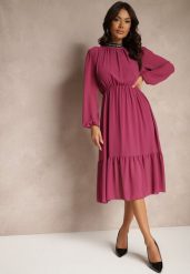 Fioletowa Sukienka z Aplikacjami na Stójce i z Gumką w Talii Lilora. Fioletowe sukienki damskie Renee, z aplikacjami, eleganckie, bez ramiączek. W wyprzedaży za 83.99 zł.