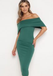Zielona Klasyczna Dopasowana Sukienka z Wywiniętym Dekoltem Luvlia. Zielone sukienki damskie Born2be, bez wzorów, z tkaniny, eleganckie, bez ramiączek. Za 129.99 zł.