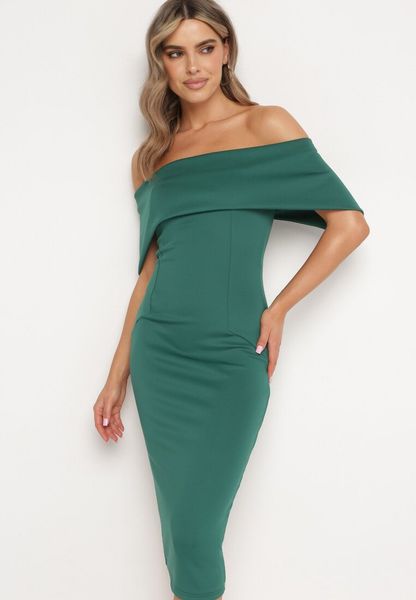 Zielona Klasyczna Dopasowana Sukienka z Wywiniętym Dekoltem Luvlia. Zielone sukienki damskie Born2be, bez wzorów, z tkaniny, eleganckie, bez ramiączek. Za 129.99 zł.