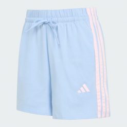 Szorty Essentials 3-Stripes Cotton. Niebieskie spodenki sportowe damskie Adidas, xs, bez wzorów, z bawełny, z standardowym stanem, na fitness i siłownię. Za 129.00 zł.
