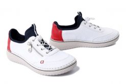 RIEKER 50962-80 white, półbuty damskie. Białe półbuty damskie Rieker, bez wzorów, z gumy, bez obcasa, bez zapięcia. Za 349.90 zł.