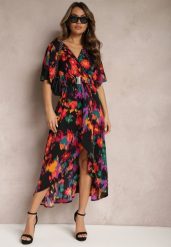 Czarno-Pomarańczowa Asymetryczna Sukienka z Gumką w Pasie i Kopertowym Dekoltem Perlana. Czarne sukienki damskie Renee, bez wzorów, eleganckie, bez ramiączek. W wyprzedaży za 63.99 zł.