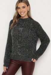 Czarny Sweter z Wiskozą Ozdobiony Splotem Ciaviera. Czarne swetry klasyczne damskie Born2be, z jeansu, bez kołnierzyka. Za 64.99 zł.