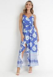 Niebieska Sukienka Maxi na Cienkich Ramiączkach i Materiałowym Paskiem Adakila. Niebieskie sukienki damskie Born2be, bez wzorów, z materiału, eleganckie, bez ramiączek. Za 99.99 zł.