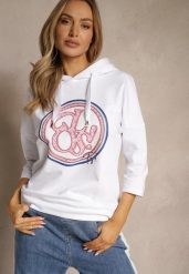 Biała Bluza z Kapturem Ozdobnym Nadrukiem i Rękawami 3/4 Saniressa. Białe bluzy damskie Renee, l, bez wzorów, z jeansu, z kapturem. Za 84.99 zł.