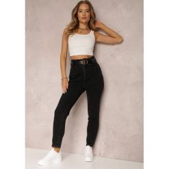 Czarne Jeansy Mom Fit z Paskiem Astera. Czarne jeansy damskie Renee, bez wzorów, z jeansu, z podwyższonym stanem. Za 119.99 zł.