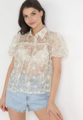 Beżowa Kwiecista Bluzka z Siateczki z Krótkim Rękawem Pakla. Brązowe bluzki damskie Born2be, m, bez wzorów, bez kołnierzyka, bez ramiączek. Za 64.99 zł.