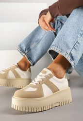 Ciemnobeżowe Sneakersy na Platformie Ozdobione Paskiem Vivesse. Brązowe obuwie sportowe damskie Renee, z jeansu, bez zapięcia. Za 79.99 zł.