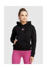 TOMMY JEANS Czarna bluza damska z kapturem. Czarne bluzy damskie Tommy Jeans, s, z aplikacjami, z jeansu, z kapturem. W wyprzedaży za 259.99 zł.