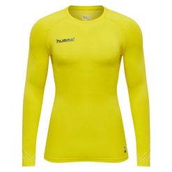 Koszulka termoaktywna z długim rękawem dla dorosłych Hummel First Performance. Żółte koszulki damskie Hummel, xl, bez wzorów, z jersey, bez kołnierzyka, bez ramiączek. W wyprzedaży za 133.50 zł.