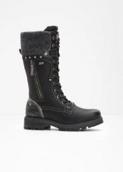 Kozaki sznurowane marki Mustang. Czarne kozaki damskie bonprix, bez obcasa, bez zapięcia. Za 379.99 zł.