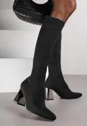 Czarne Eleganckie Kozaki VICES na Metalicznym Obcasie ze Skarpetkową Cholewką Nalaina. Czarne kozaki damskie Renee, bez obcasa, na obcasie, bez zapięcia. Za 159.99 zł.