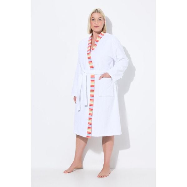 Damskie szlafrok z dzianiny dresowej brzegi w paski wiązany pasek długi rękaw. Białe szlafroki damskie Ulla Popken, bez wzorów, z bawełny, bez kaptura. Za 279.99 zł.