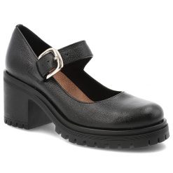 Półbuty damskie Armdo, na klocku skórzane eleganckie zapinane sprzączką z okrągłym noskiem, czarne, 20166. Czarne półbuty damskie Armodo, bez wzorów, ze skóry, z okrągłym noskiem, bez obcasa, na słupku, bez zapięcia. Za 305.99 zł.