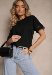 Czarny Bawełniany T-shirt z Ażurowymi Rękawkami Zolreia. Czarne t-shirty damskie Renee, m, w ażurowe wzory, z bawełny, bez kołnierzyka. Za 49.99 zł.