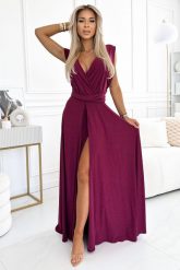Bordowa Maxi Sukienka Wiązana na Różne Sposoby z Brokatem. Czerwone sukienki damskie NUMOCO, bez wzorów, z elastanu, wizytowe, bez ramiączek. Za 289.90 zł.